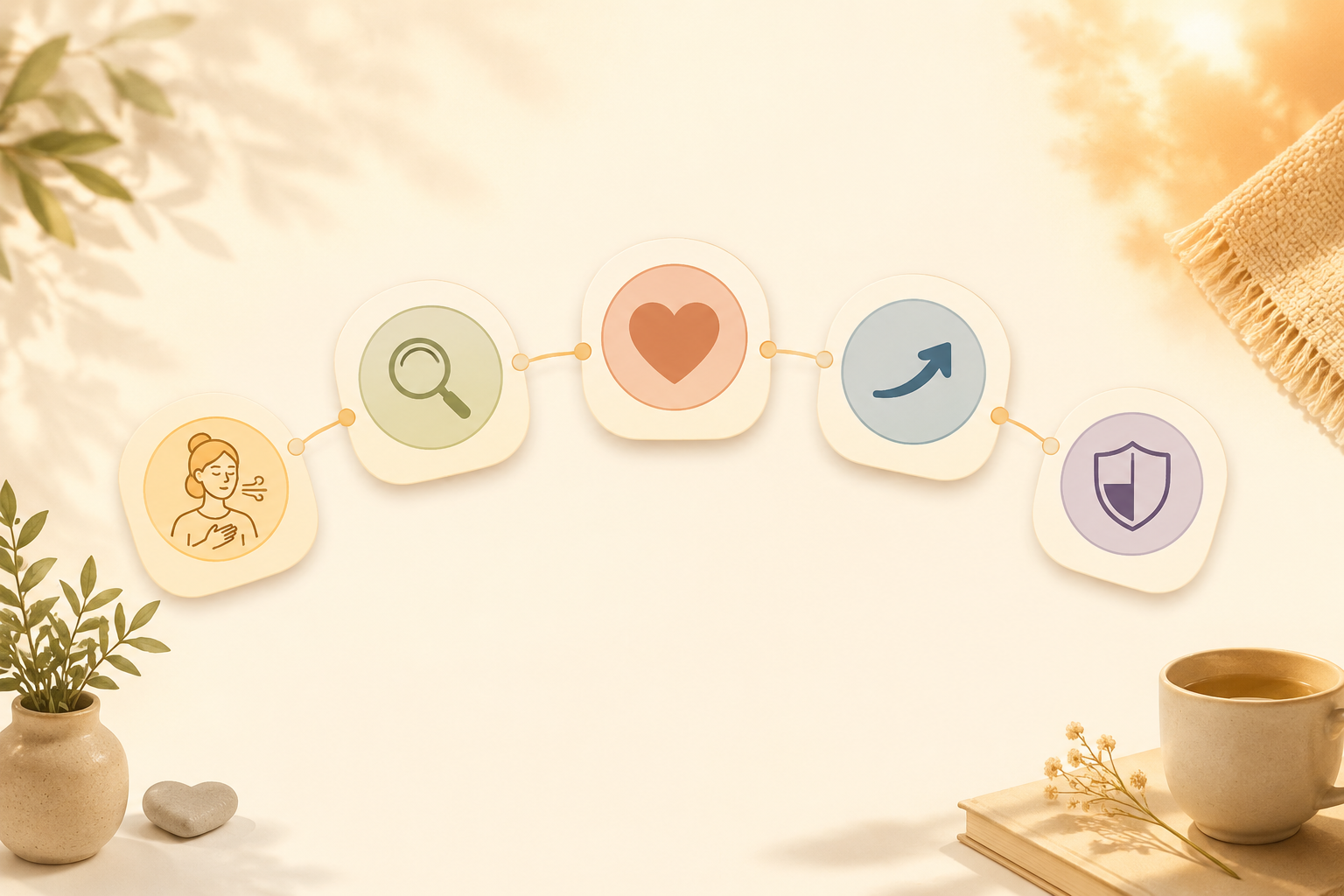 Five connected icons showing breathing, noticing, feeling, redirecting, and safety