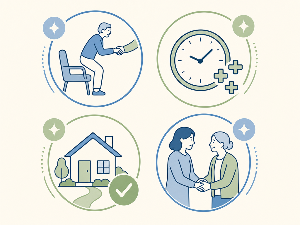 Four circular icons representing the screening questions: transfer ability, therapy tolerance, home safety, and caregiver availability.