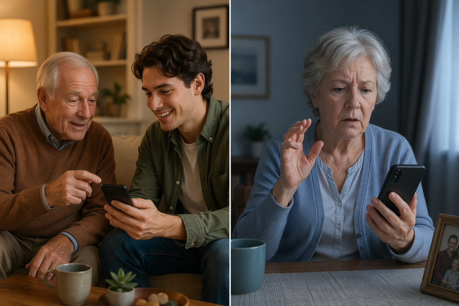 Split scene comparing supported phone help with isolated confusion over a familiar smartphone