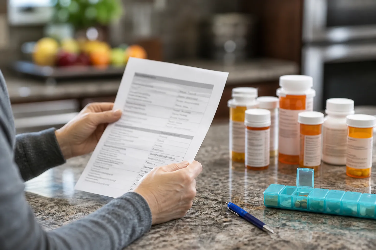 Caregiver comparing a printed medication list with prescription bottles and a weekly pill organizer