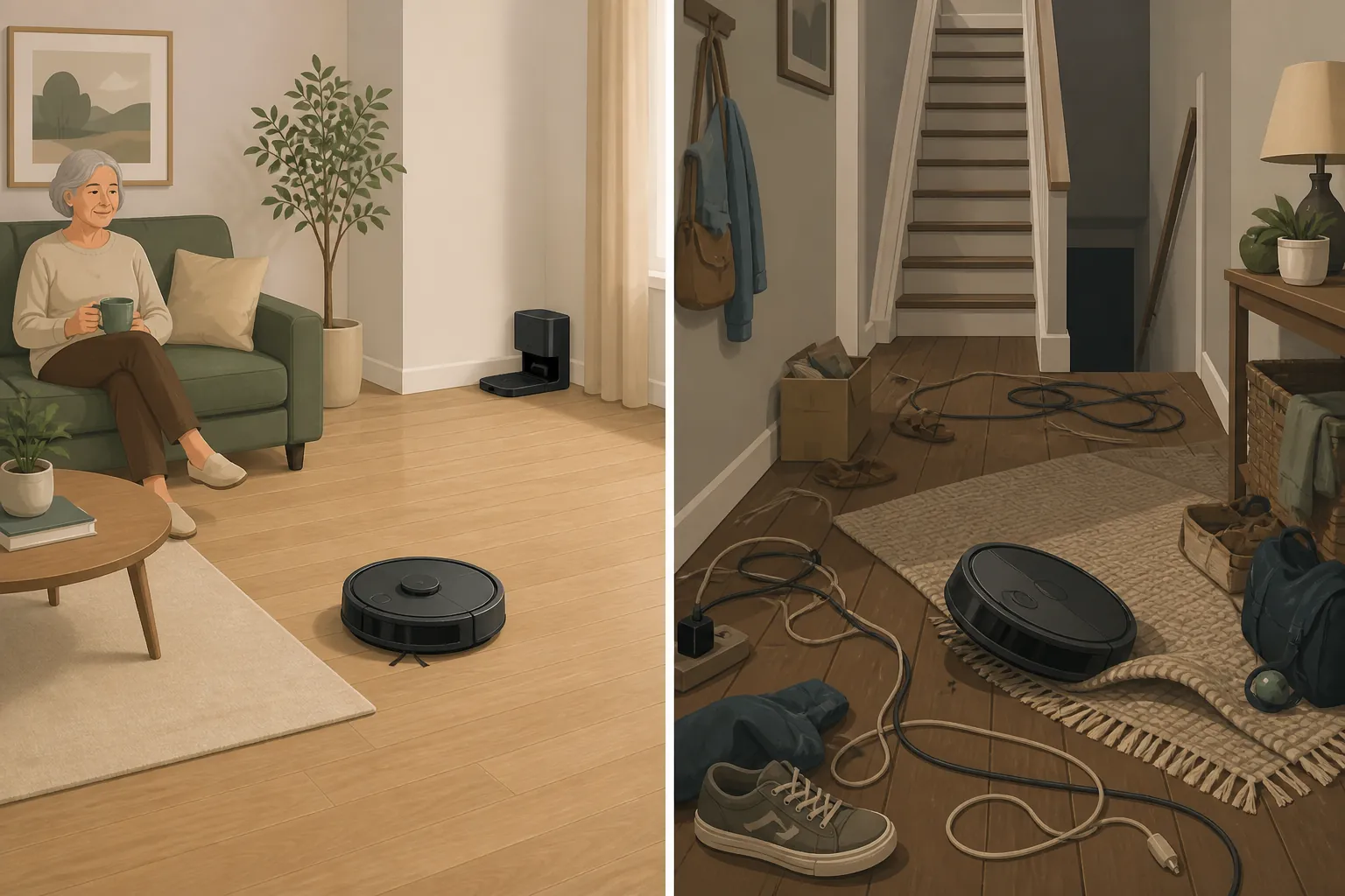 A comparison of a clear good-fit room for a robot vacuum and a poor-fit room with cords, a throw rug, a stranded robot, and an open staircase