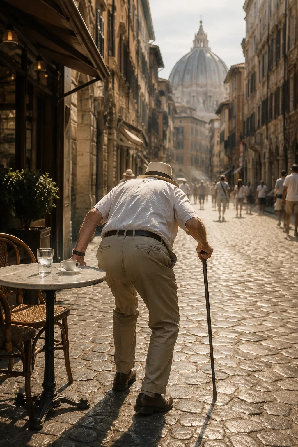 Older traveler rising from a cafe chair on a hot European cobblestone street while using a cane for balance