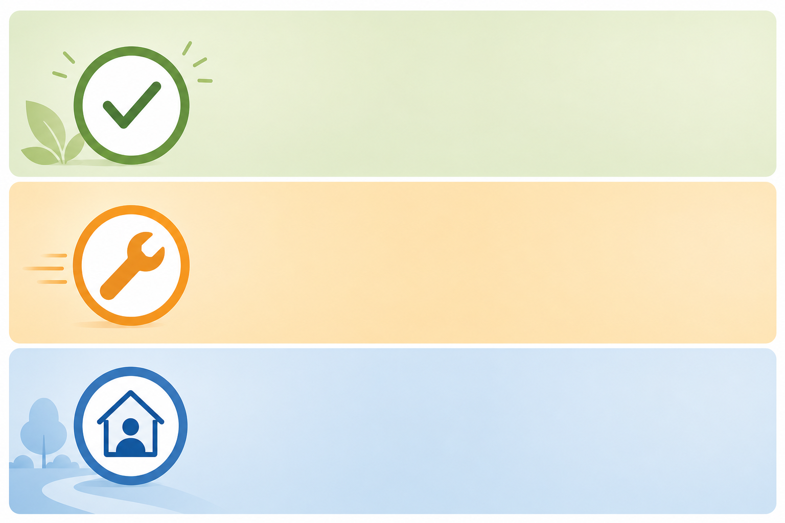 A flat-design editorial graphic showing three horizontal tiers — green with a checkmark, amber with a wrench, and blue with a house-and-person icon — representing a three-level action priority framework.