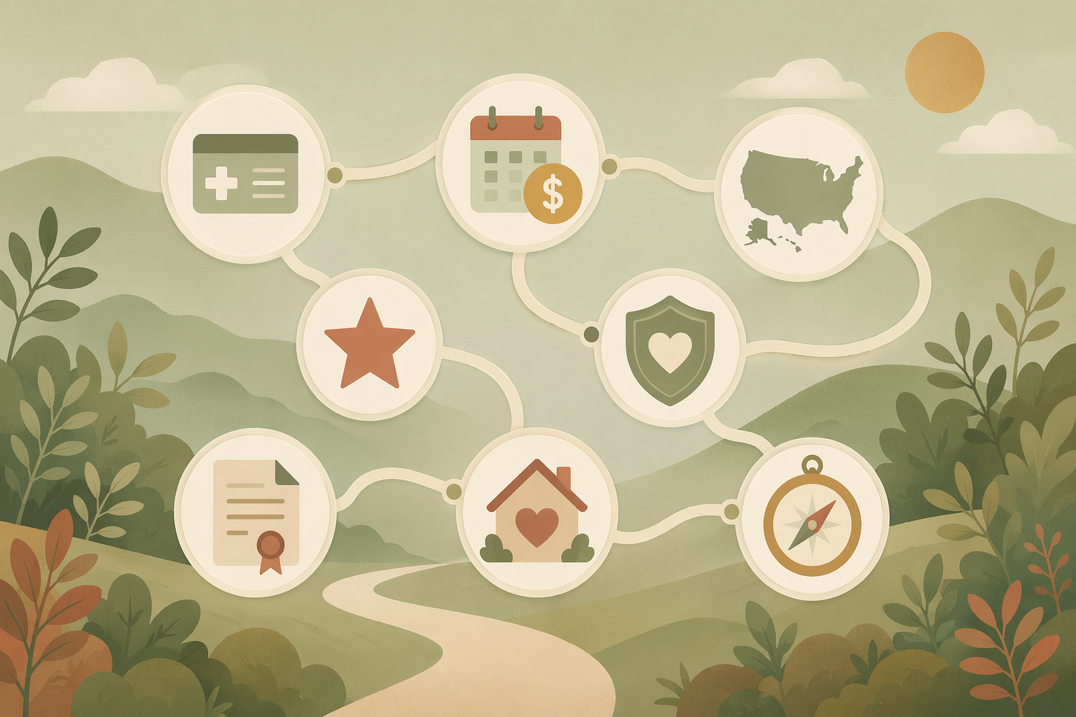 An editorial illustration showing a landscape of icon symbols representing financial help resources, connected by flowing lines on a warm sage-green background.