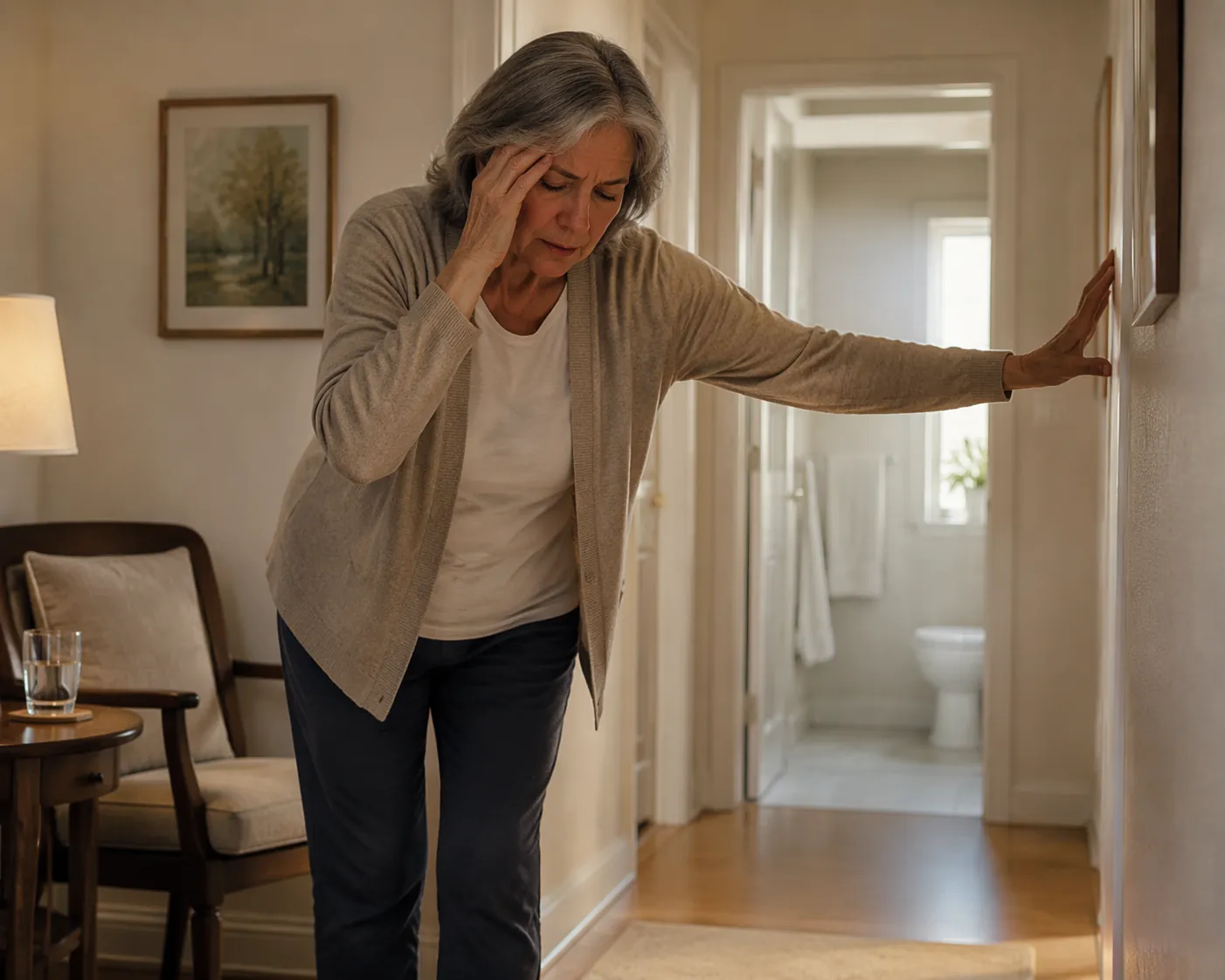 Older adult steadying themselves against a hallway wall near a bathroom doorway