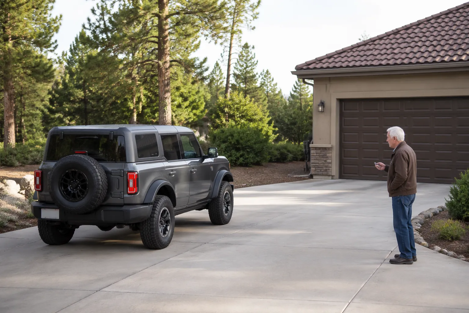 Grey SUV parked outdoors away from an attached garage while an older man stands nearby with keys