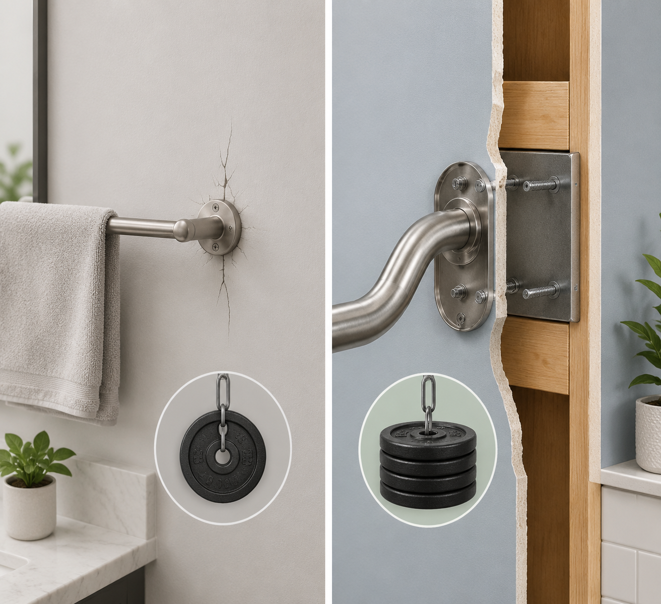 Comparison of towel bar on drywall and grab bar reinforced with wall blocking