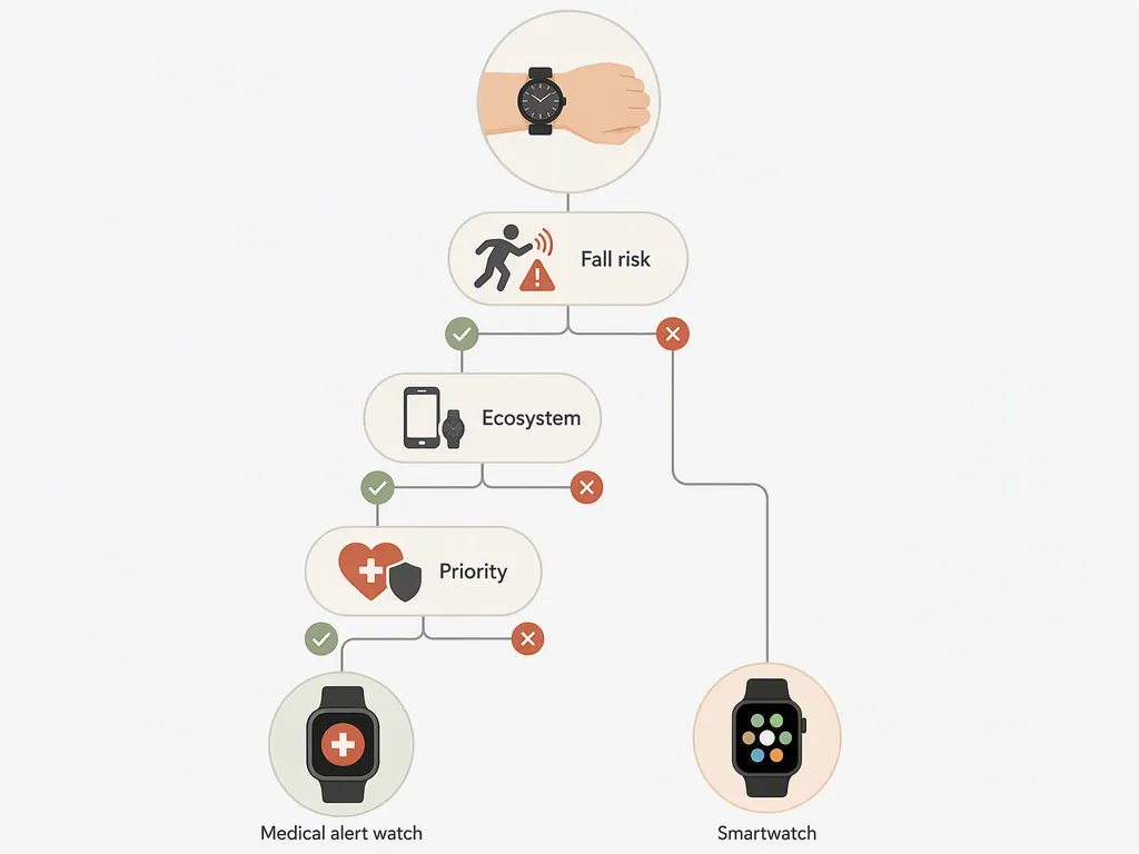 Decision tree showing fall risk, phone ecosystem, and heart-versus-response priority leading to a medical alert watch or smartwatch