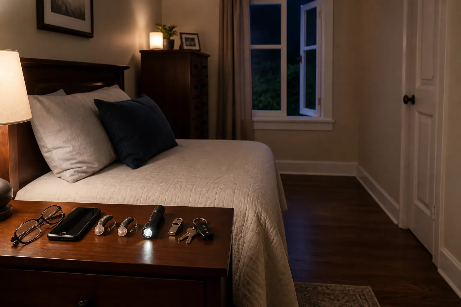 A senior bedroom at night with glasses, phone, hearing aids, flashlight, whistle, and keys on the nightstand and a clear path to the door