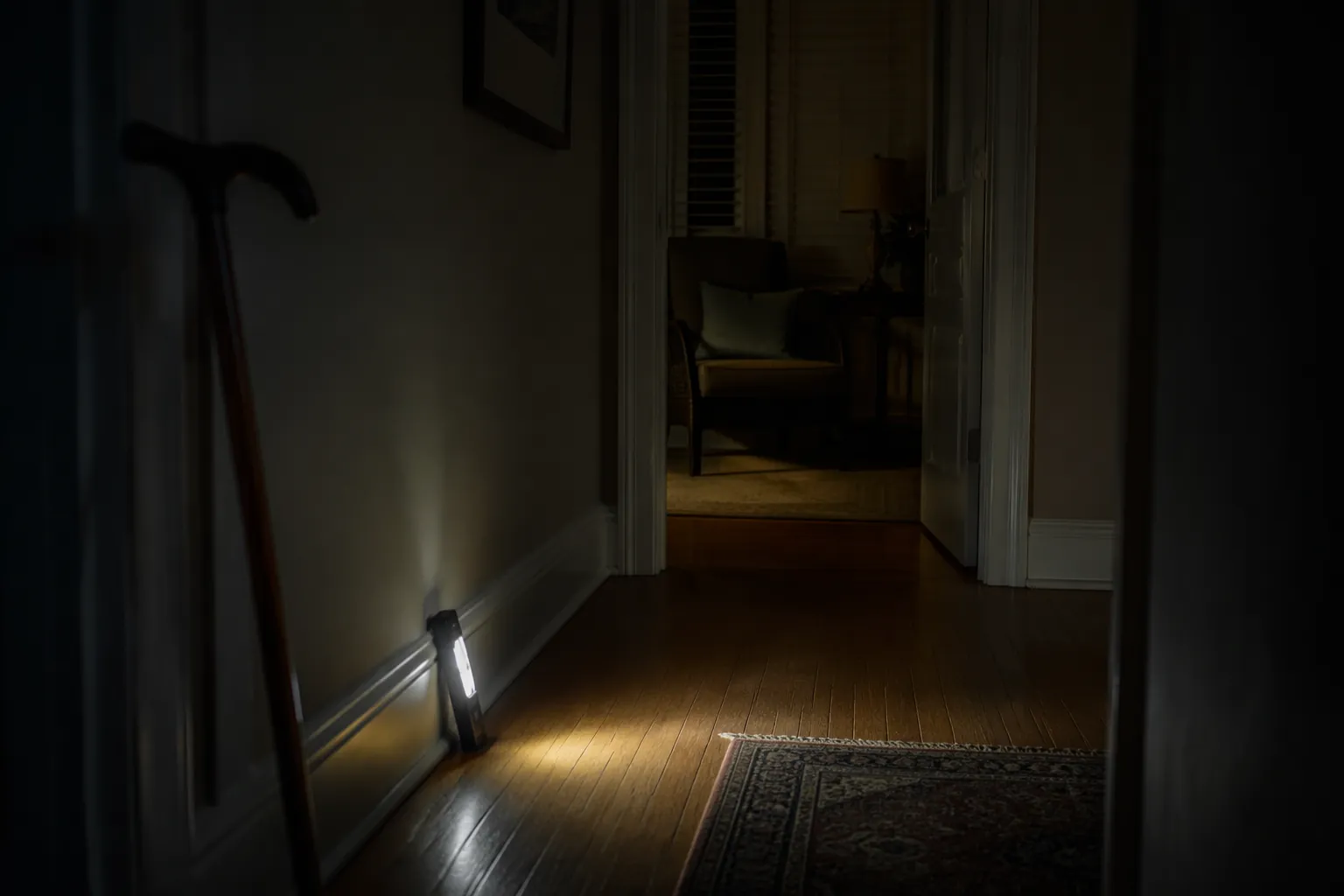 Dim hallway during a power outage with a walker near a doorway and battery-powered light on the floor