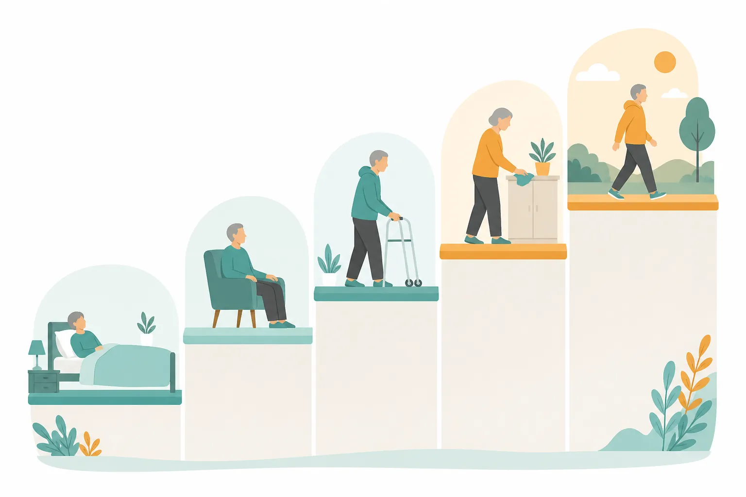 Illustration of a five-step recovery timeline from bed rest to outdoor walking