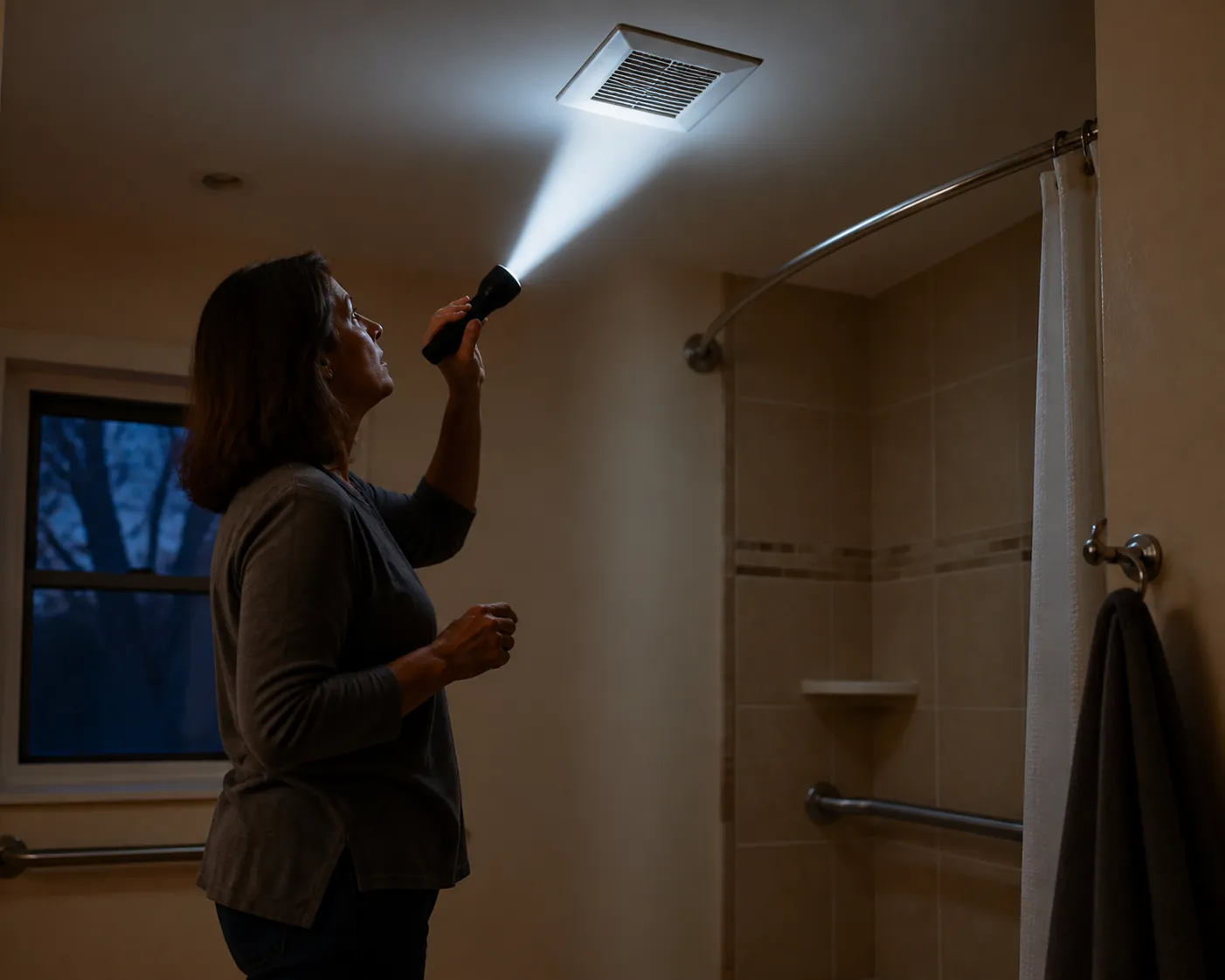 Adult woman using a bright flashlight to inspect a ceiling vent in an assisted living bathroom