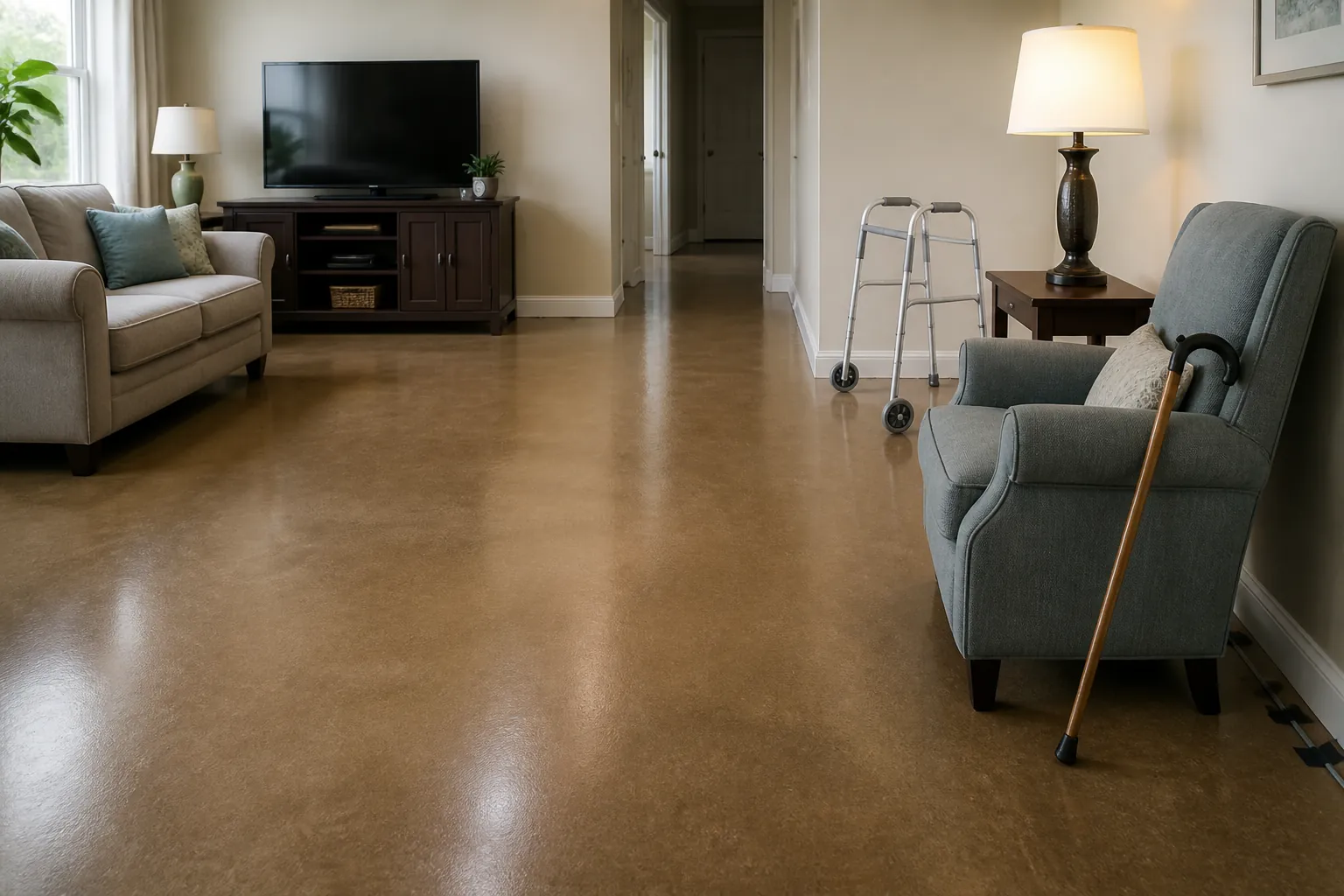Floor-level view of a senior living room after throw rugs and cords have been cleared from a wide walking path