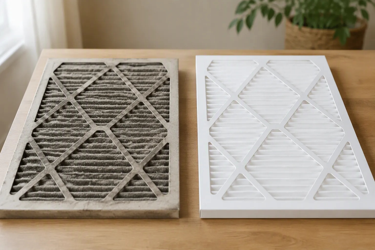 Dust-clogged HVAC filter next to a clean pleated air filter