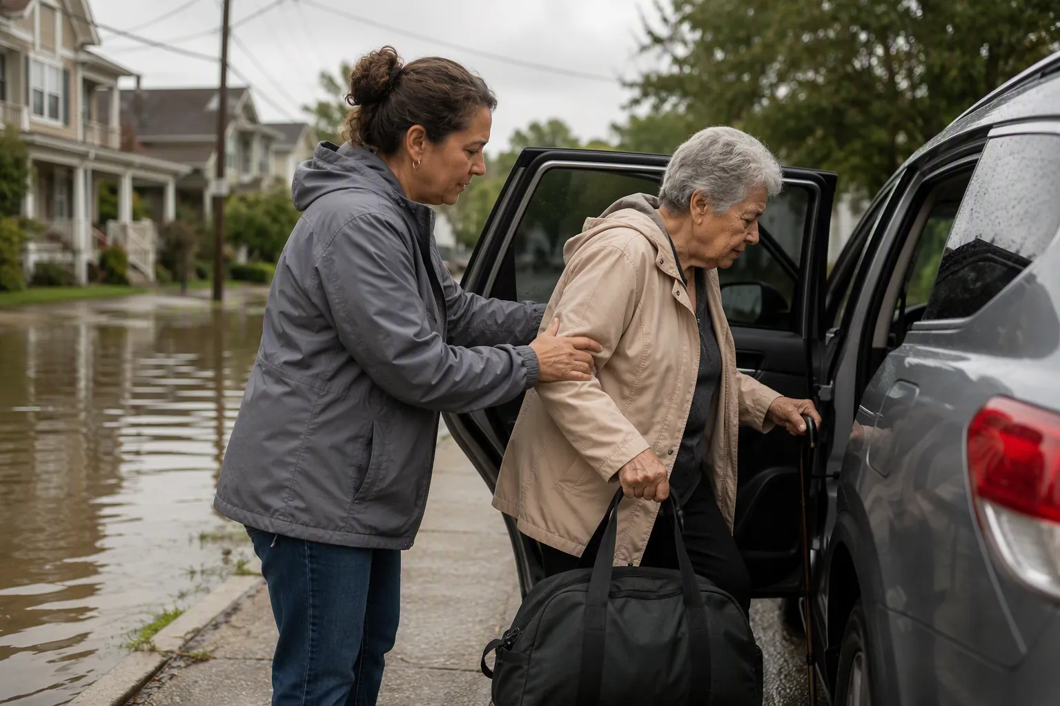 An older adult with a packed go-bag and cane being helped into a waiting family car before floodwater rises