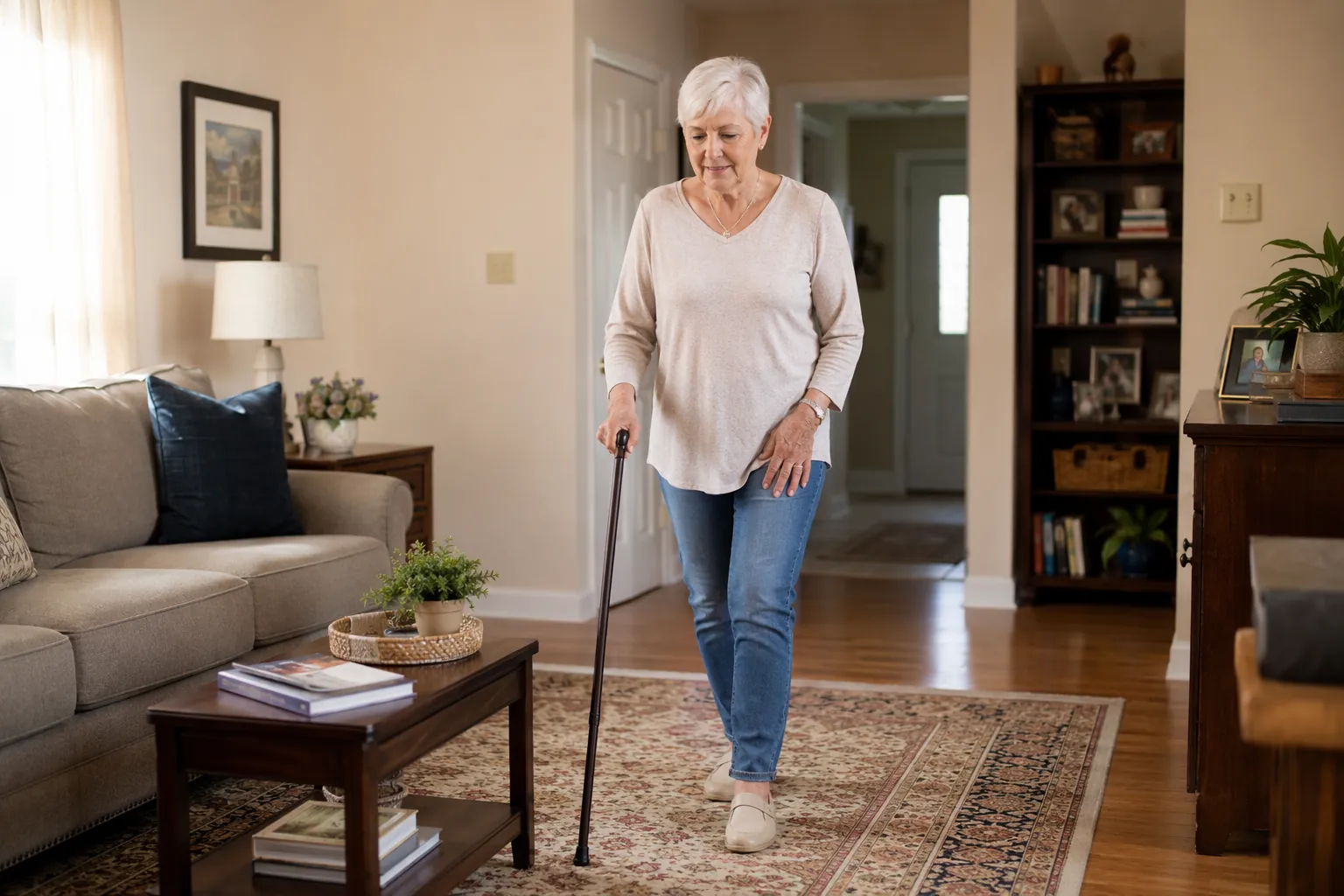 Older adult walking cautiously through a living room with a cane and one hand near the upper thigh