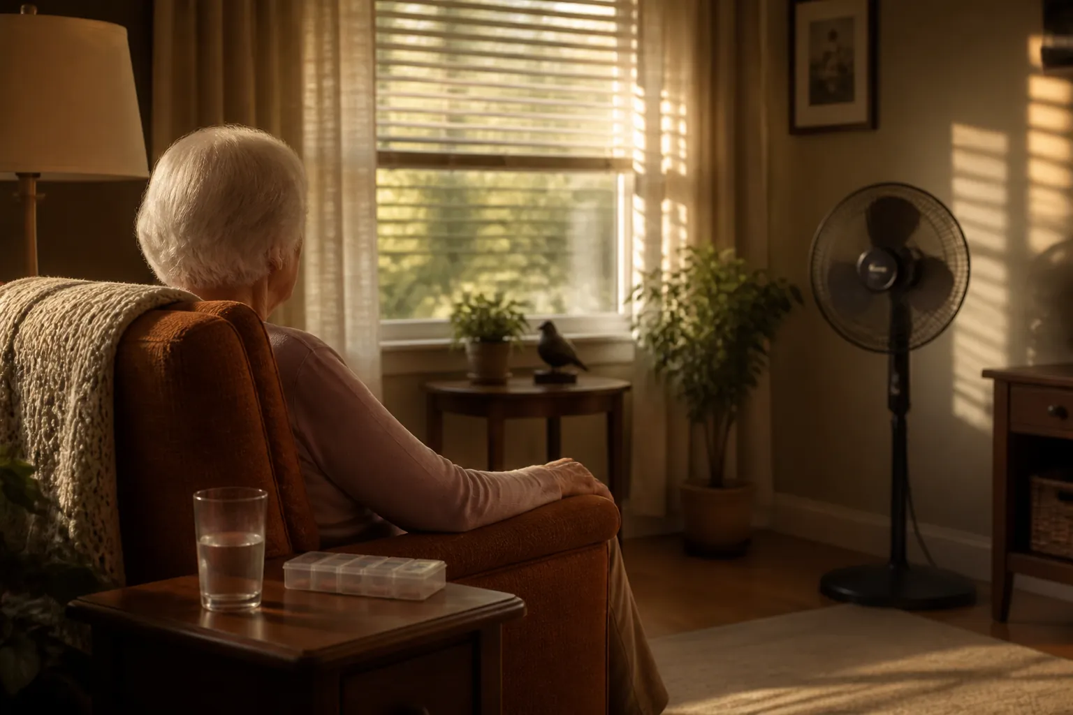 Older adult sitting in a warm living room with a water glass, pill organizer, partially closed blinds, and an unused fan
