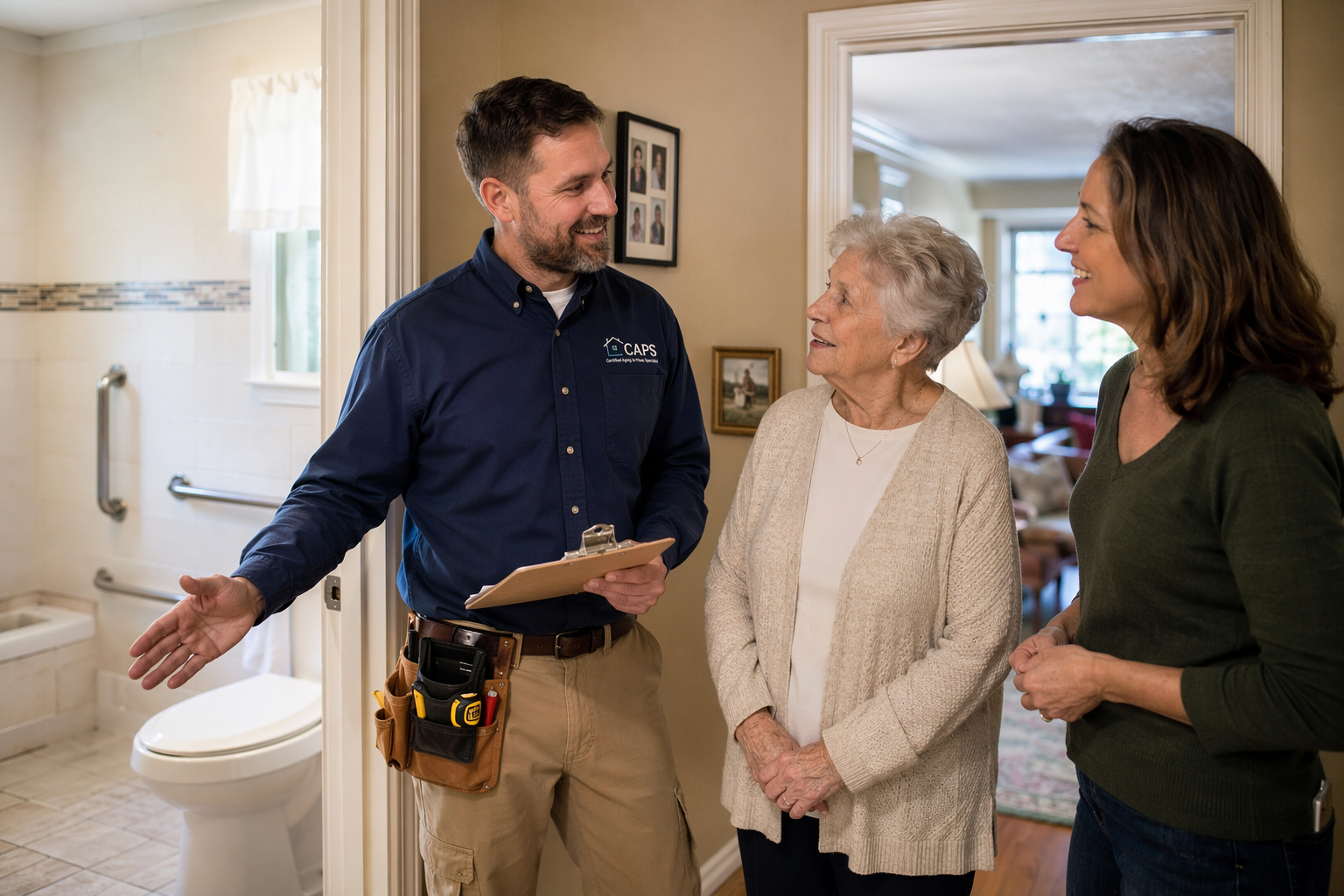 A CAPS-certified specialist in a tool belt and work shirt points toward a grab bar in a home hallway, while an older adult woman and her adult daughter listen.