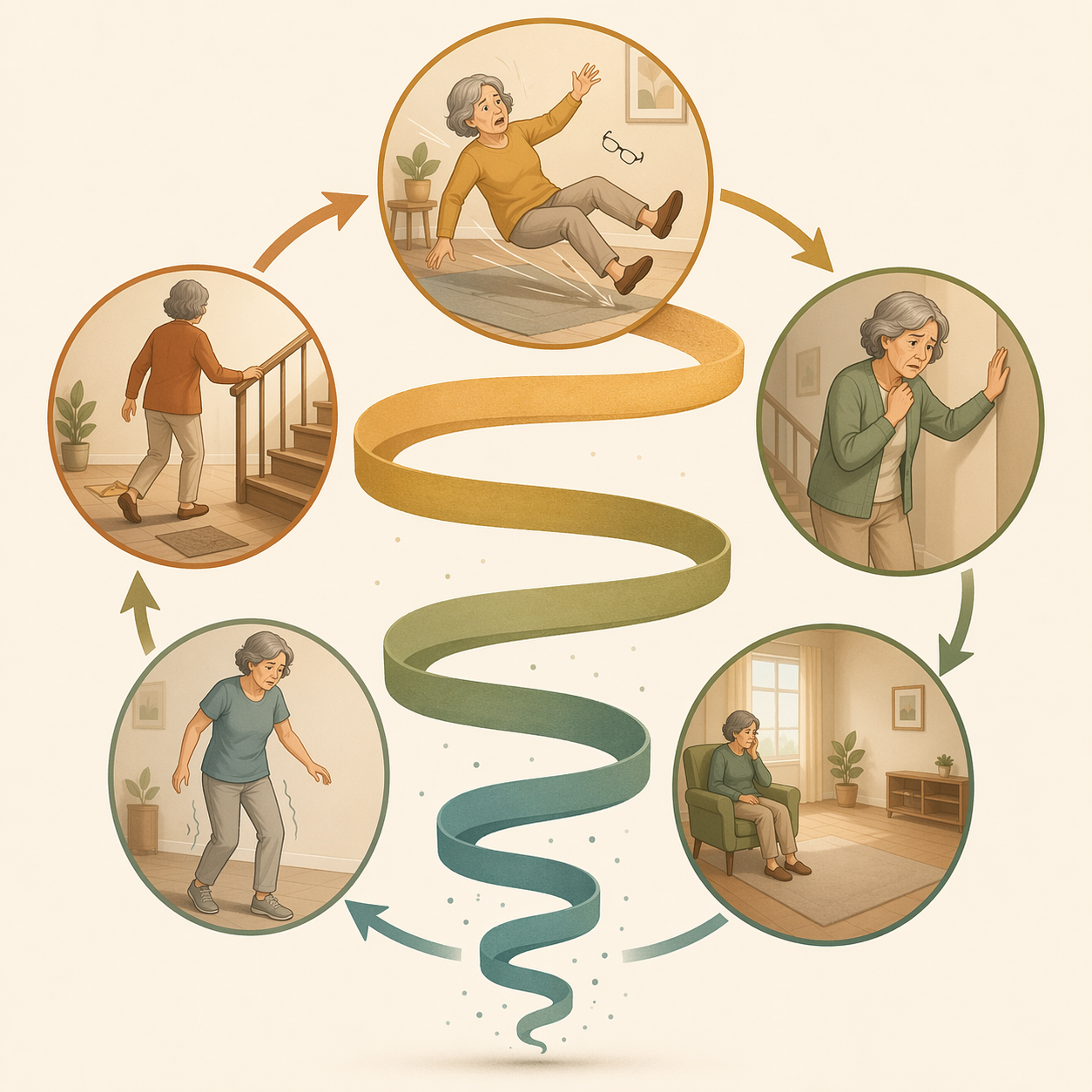 A circular downward spiral diagram showing five connected stages: a fall happening, fear of falling, activity restriction, muscle atrophy and balance loss, and increased fall risk — with arrows linking each stage back to the beginning.