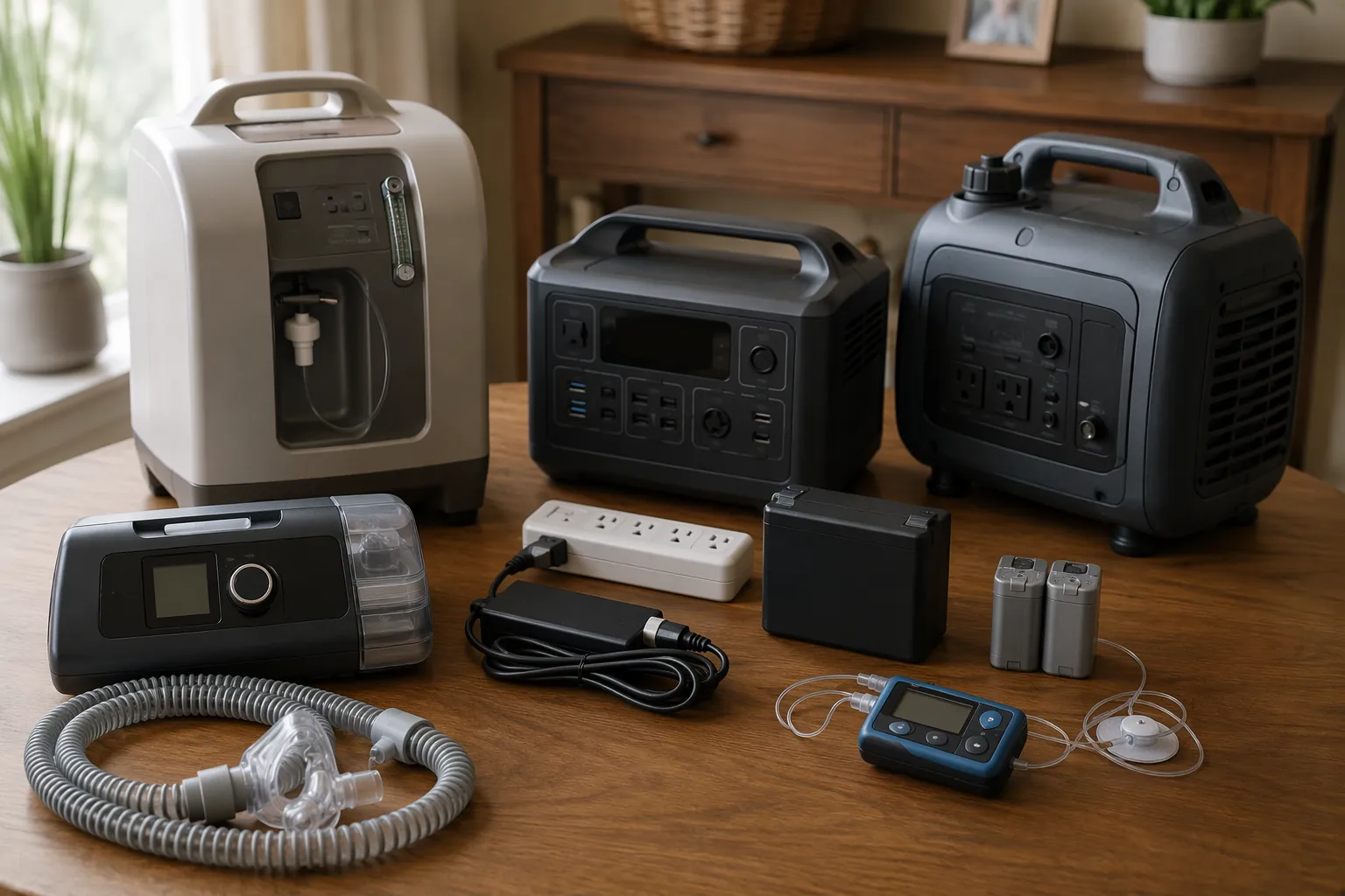 Home medical devices arranged with backup batteries, generator, extra batteries, and power strip