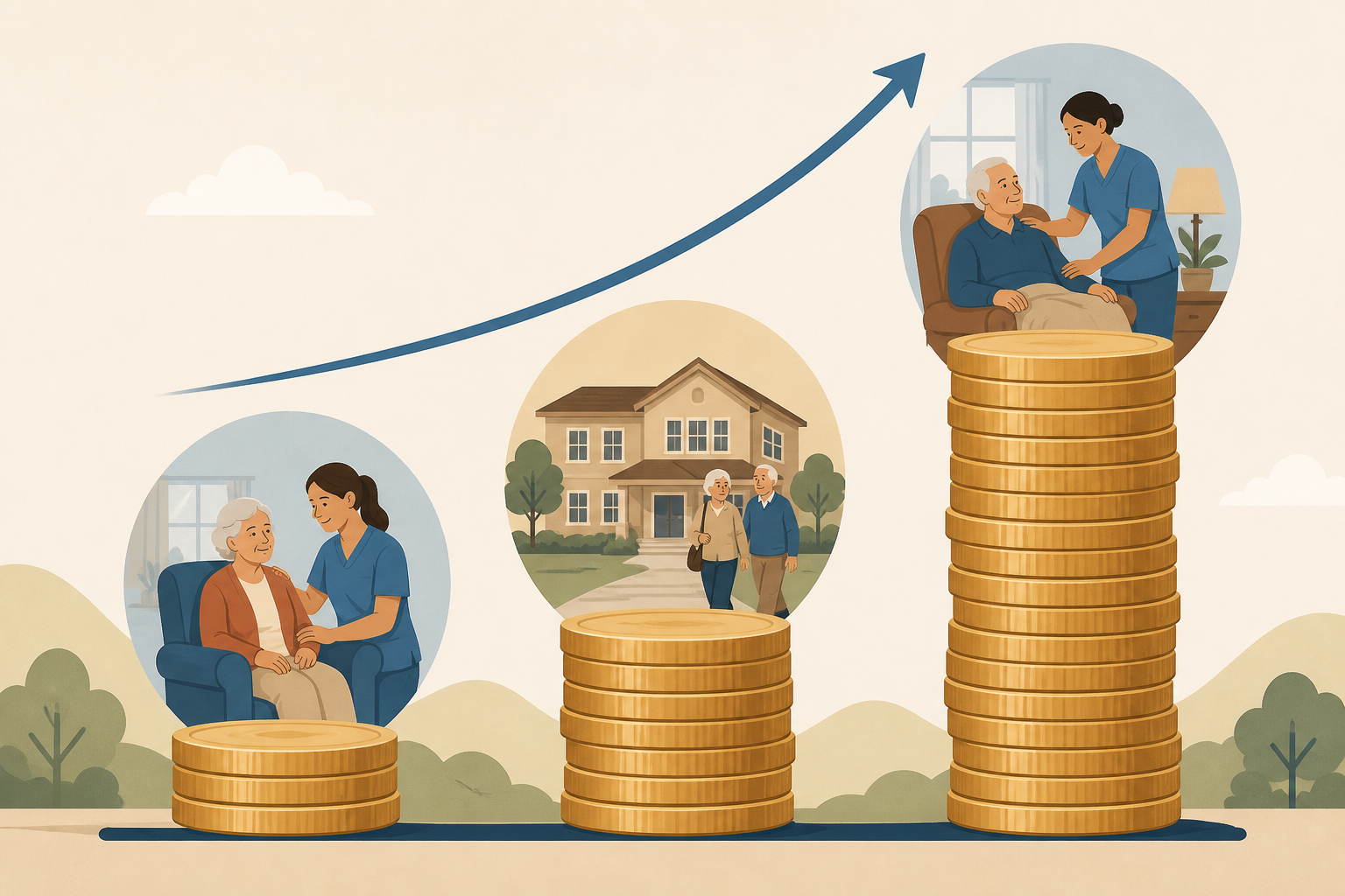 Three ascending stacks of coins comparing senior care costs: a small stack for lower-hours home care, a medium stack for assisted living, and a tall stack for 24/7 home care.