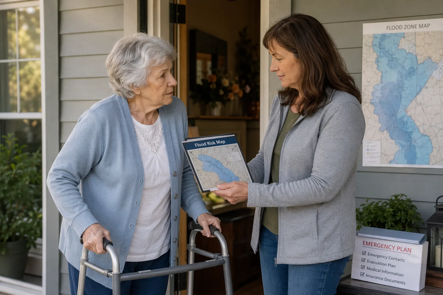 Adult child caregiver reviewing emergency documents with an elderly parent using a walker near a home entrance