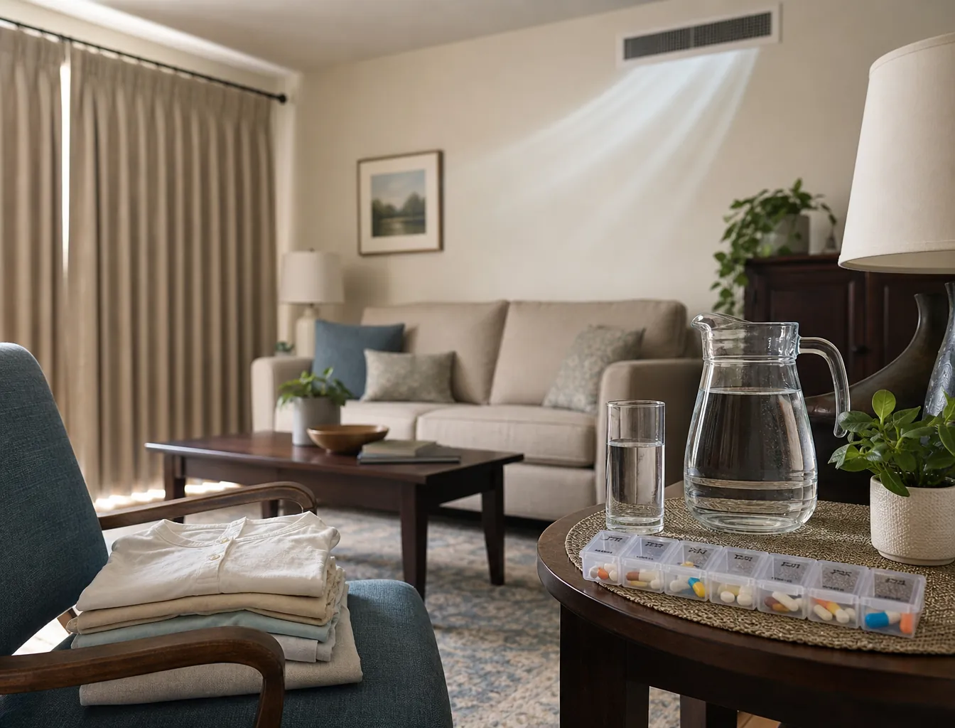 Prepared living room with air conditioning, drawn curtains, water, medications, and light clothing