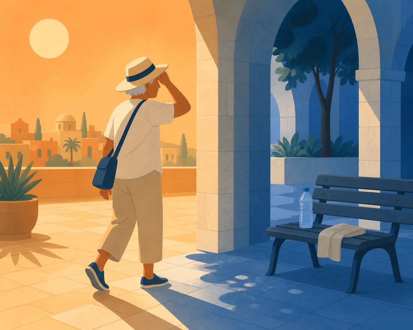 Older traveler stepping from bright sun toward shaded stone arcades with a water bottle and bench nearby