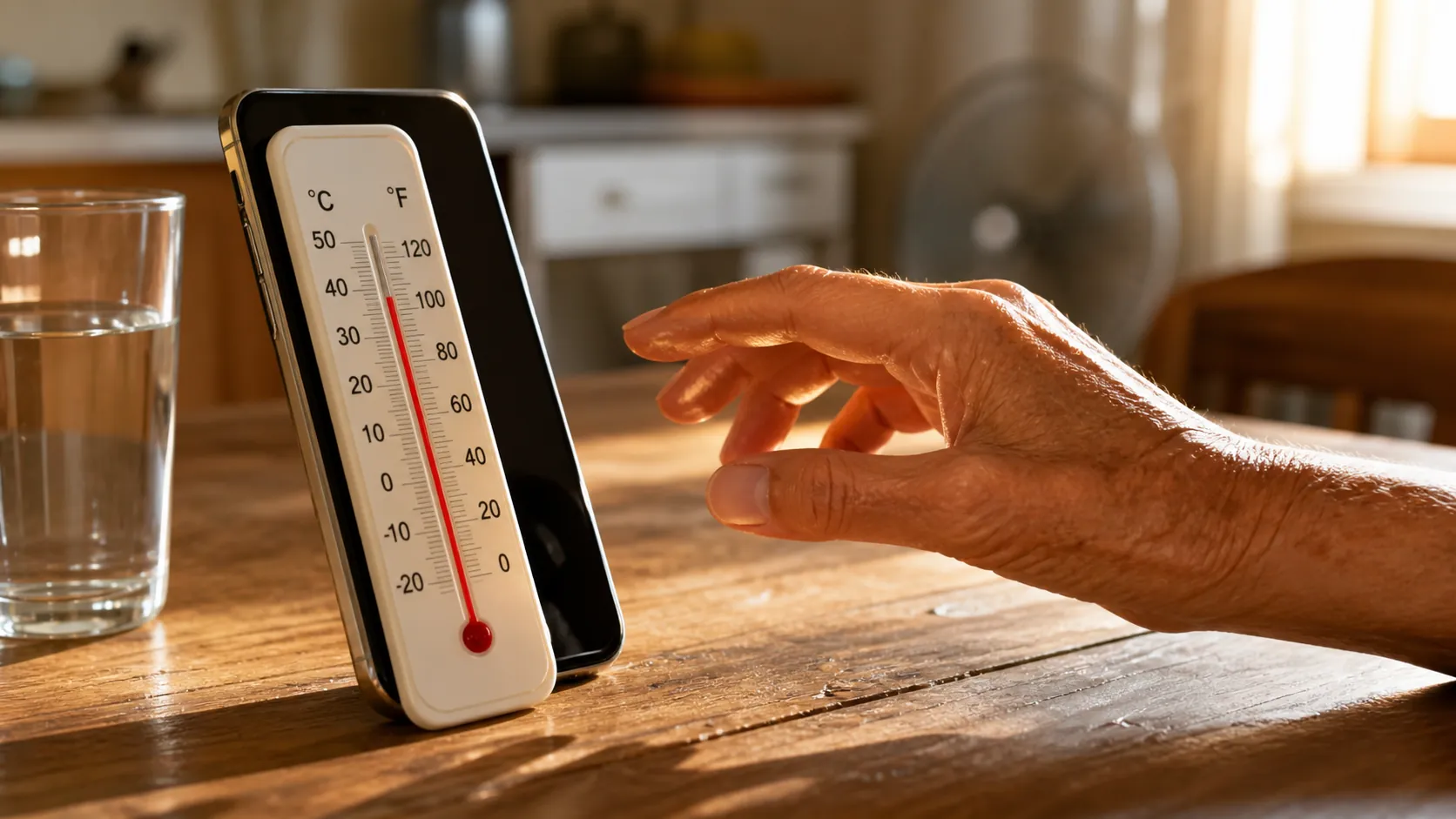 A thermometer in the red zone sits beside a smartphone and glass of water as an older hand reaches toward the phone
