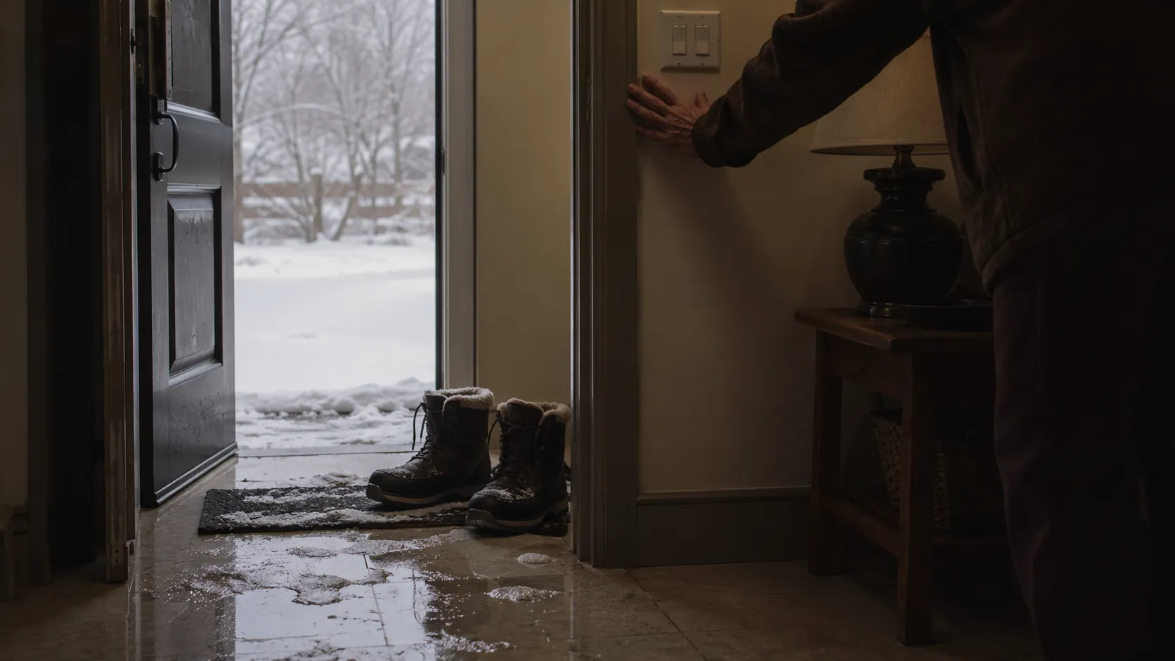 Dim winter entryway with wet boot prints, melting snow, and an older adult bracing against the wall