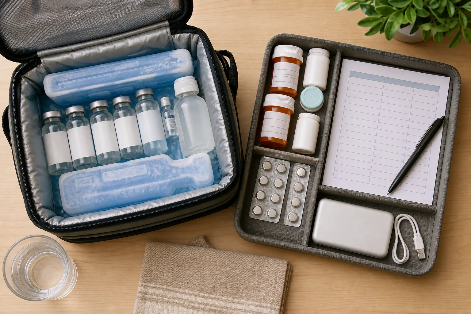 Medication and power backups with cooler, chemical ice packs, prescription bottles, printed dosage list, hearing-aid batteries, and power bank on a table