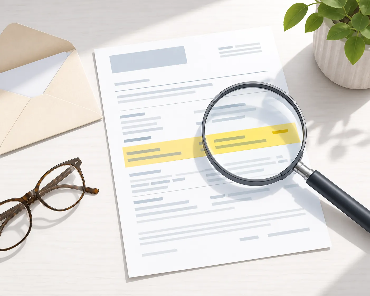 Simplified one-page benefit notice with a magnifying glass over a highlighted line