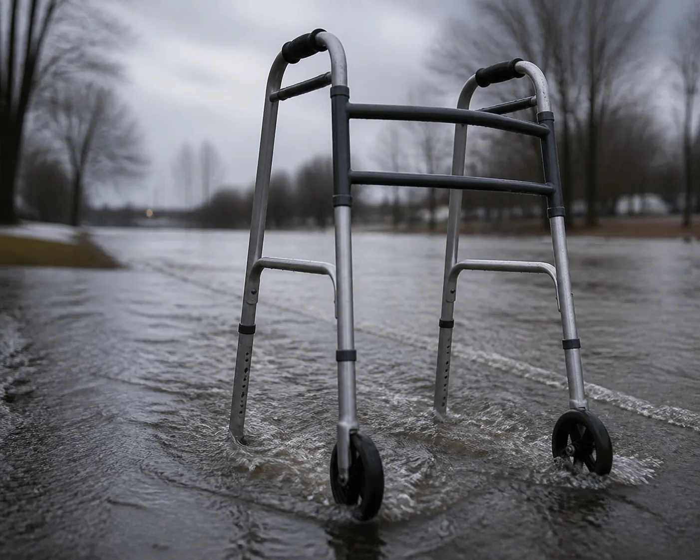 Wheeled walker standing in shallow fast-moving floodwater, showing how moving water can destabilize mobility aids