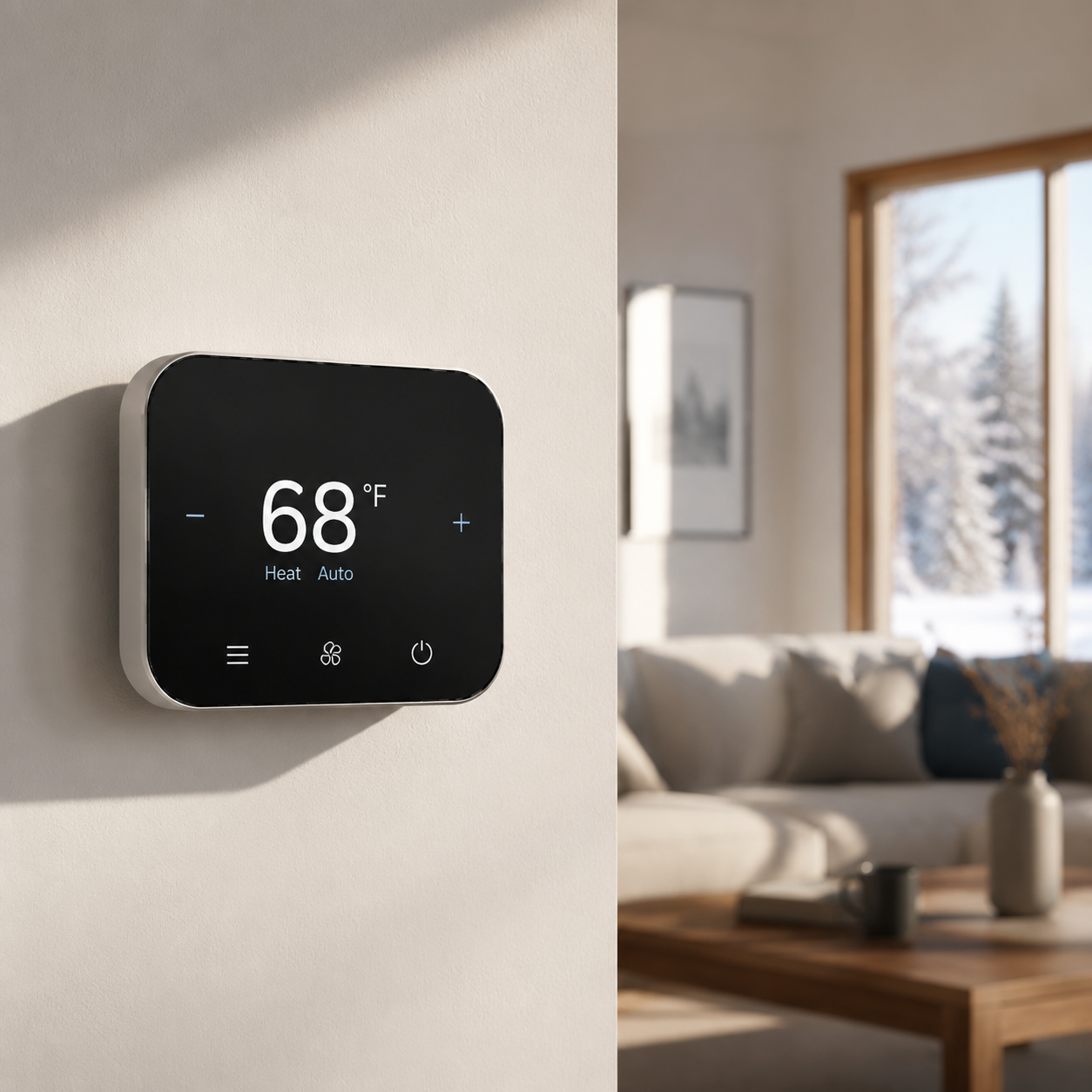 Close-up of a modern digital thermostat mounted on a wall clearly displaying 68 F, with a warm soft-focused room and winter daylight visible in the background.