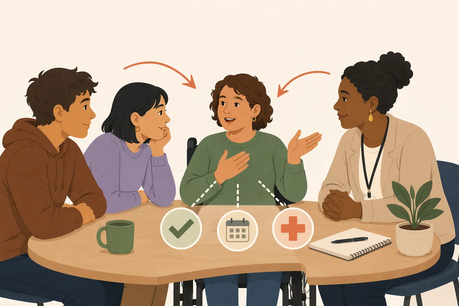 A disabled adult at a table with trusted supporters helping information flow toward him while he remains the decision-maker