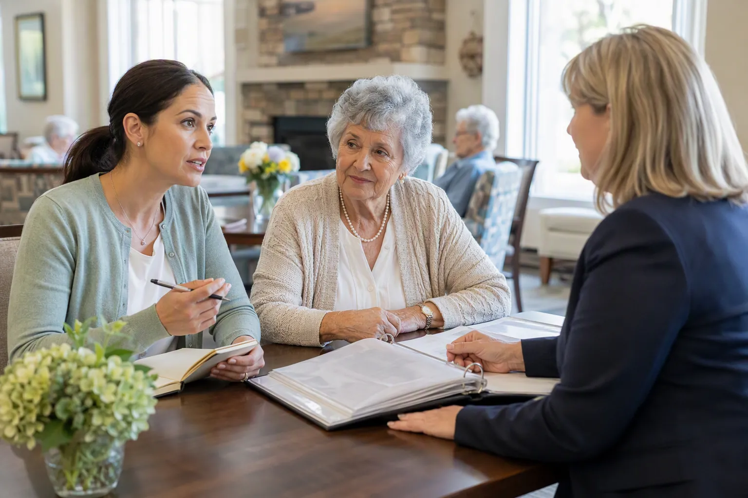 Adult daughter and elderly mother reviewing an emergency plan binder with a senior living administrator