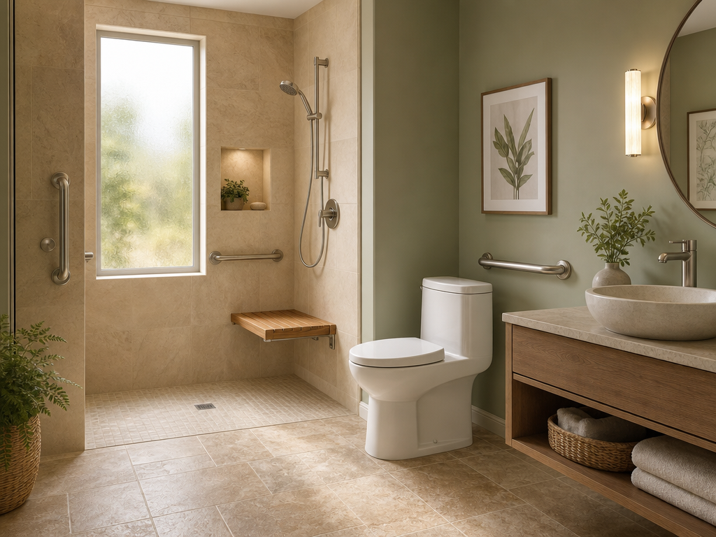 A warm, well-lit aging-in-place bathroom with a curbless walk-in shower featuring a teak shower bench and handheld showerhead on a sliding bar, a comfort-height toilet with a chrome grab bar beside it, nonslip stone tile flooring, and a single-lever faucet at a vessel sink in sage green and beige tones