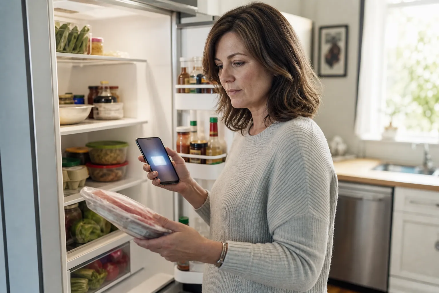 Adult daughter checking a packaged food item against a smartphone recall alert beside an open refrigerator