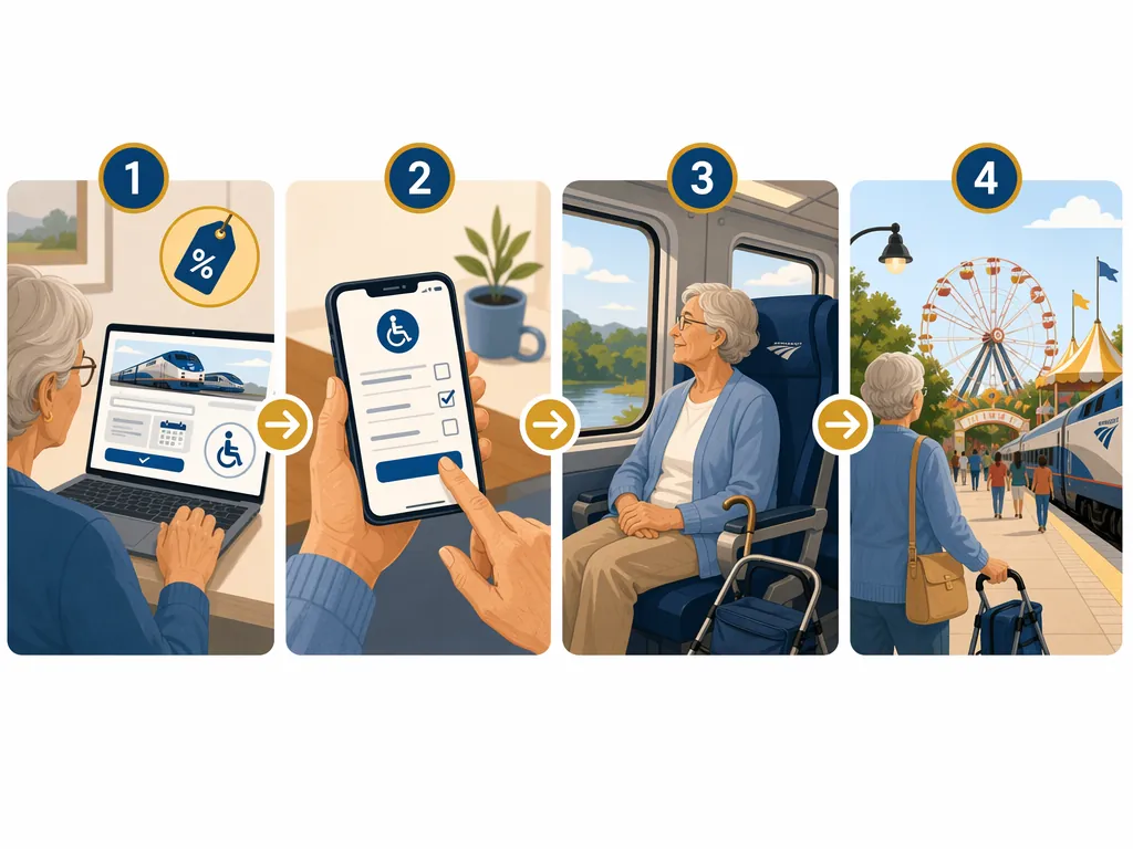 Four-panel illustration of senior train booking, accessibility request, onboard comfort, and arrival near a fairground entrance
