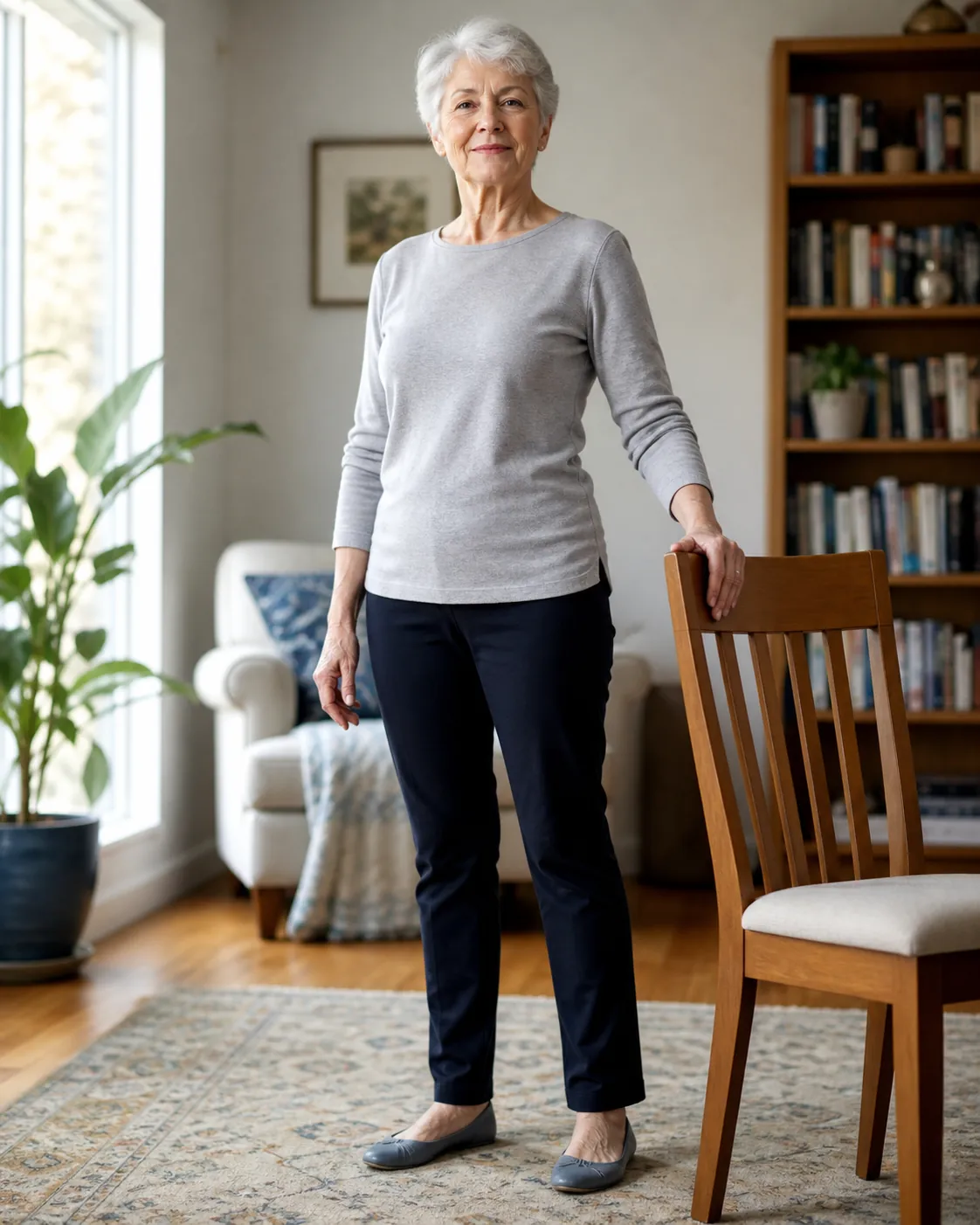 A confident woman in her mid-70s standing in a bright, tidy living room with one hand resting on a chair back