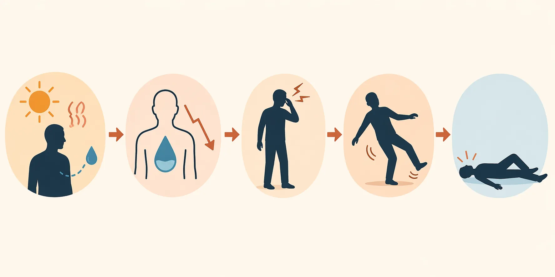 Illustration of heat leading to fluid loss, dizziness on standing, balance loss, and a fall
