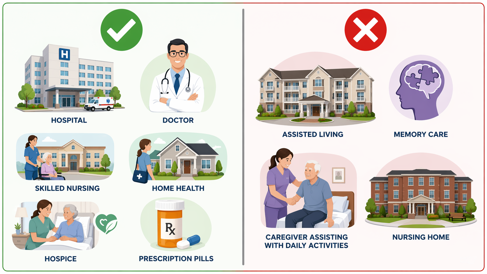 Comparison infographic showing Medicare-covered medical services beside uncovered assisted living, memory care, custodial care, and long-term nursing home care
