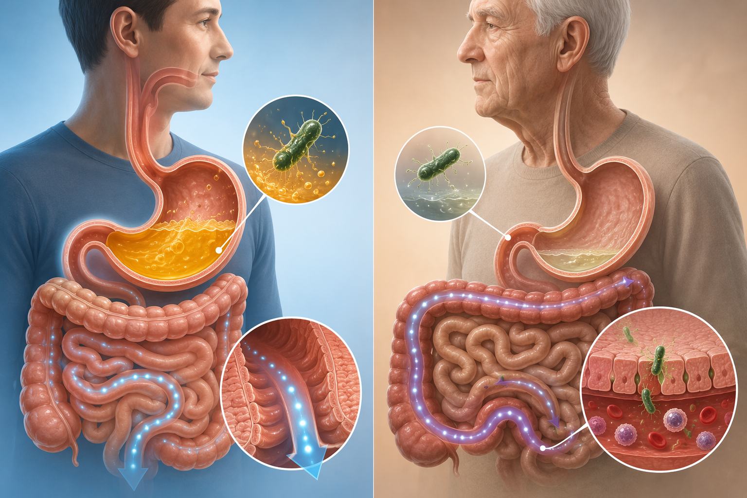 Illustration comparing younger and older digestive defenses against foodborne pathogens