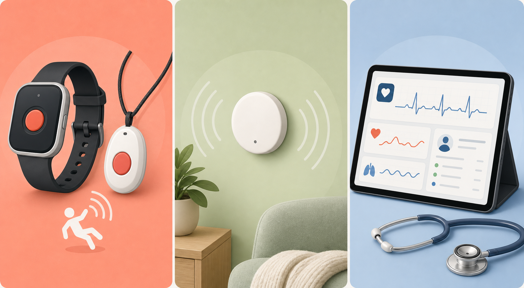 A three-panel editorial illustration comparing senior monitoring categories: a wristwatch and pendant icon on a coral background representing wearable devices, a white disc sensor with motion waves on a sage green background representing passive ambient monitoring, and a tablet with a heart rate graph on a soft blue background representing telehealth and RPM platforms.