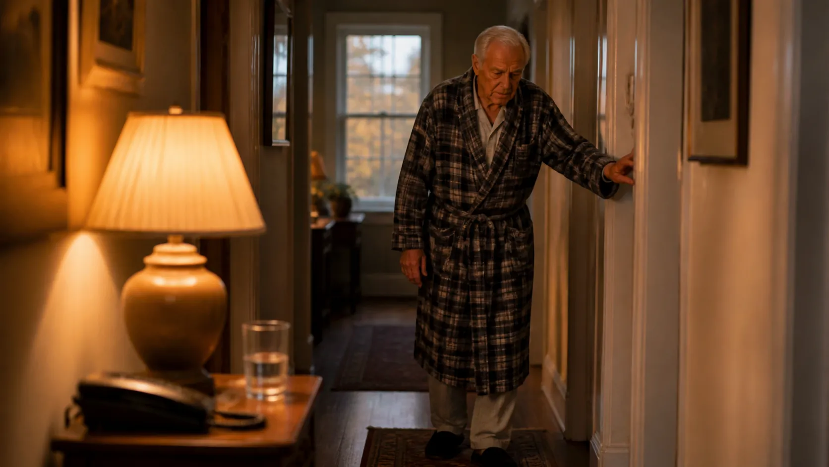 Older man walking carefully down a dim home hallway after cancer vaccine treatment