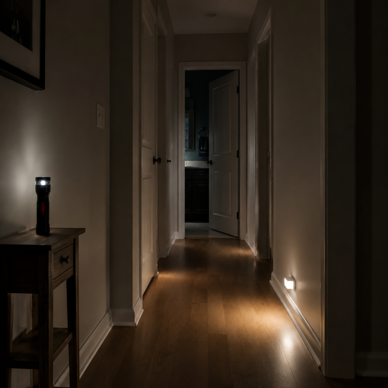 Dim hallway during a power outage with a battery motion light, clear floor, flashlight on a side table, and bathroom door visible