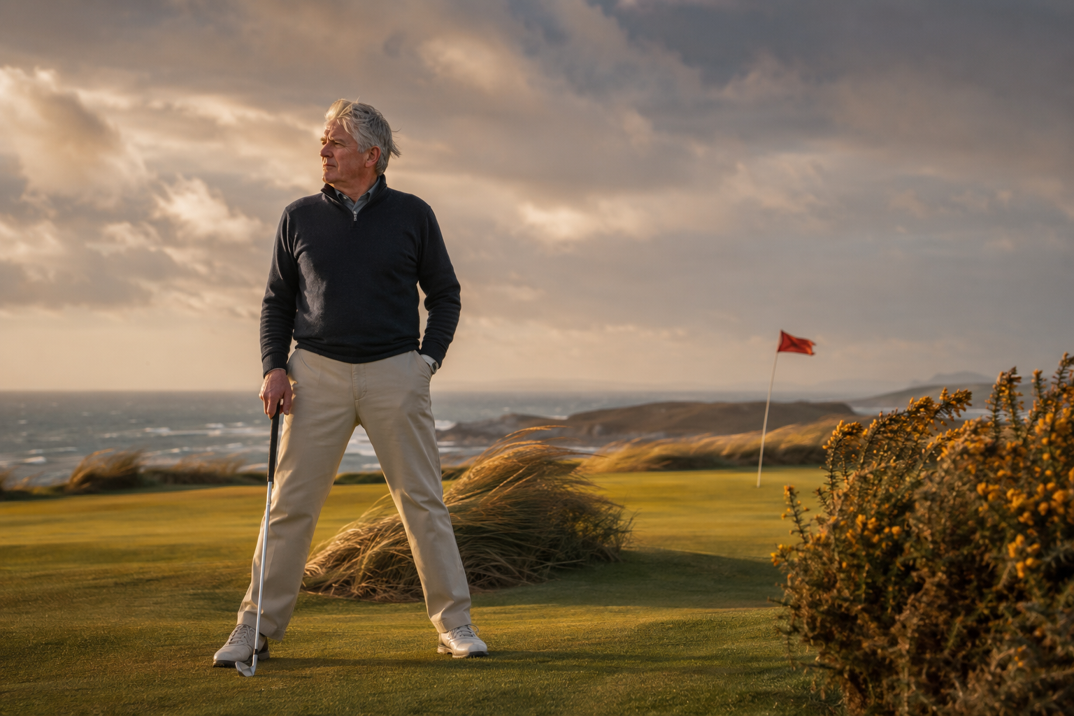 Senior golfer standing with a wide stable stance on a windy coastal fairway