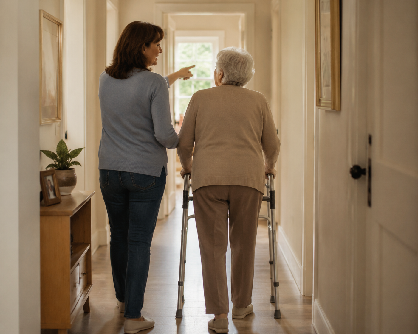 Adult daughter calmly rehearsing a shelter route with her elderly mother using a walker
