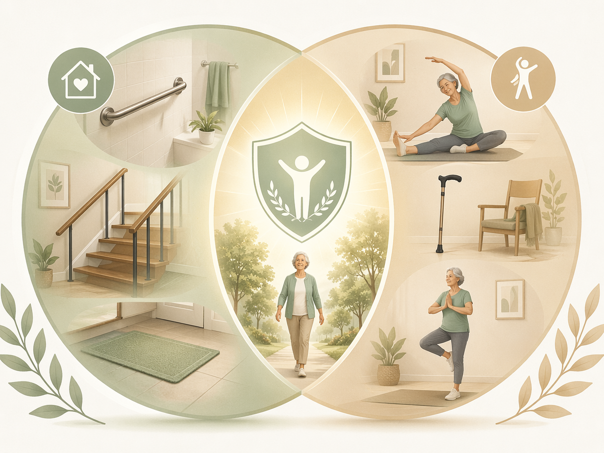 Conceptual illustration with two overlapping circular pathways. One side depicts home modification elements including a grab bar, non-slip floor, and stair railing. The other side depicts gentle exercise elements including a cane and balance pose. The overlapping center glows softly with a protective shield icon, representing the combined effect of modifications plus exercise for best fall prevention and independence outcomes. Soft sage green and warm beige color palette in a clean minimalist editorial style.