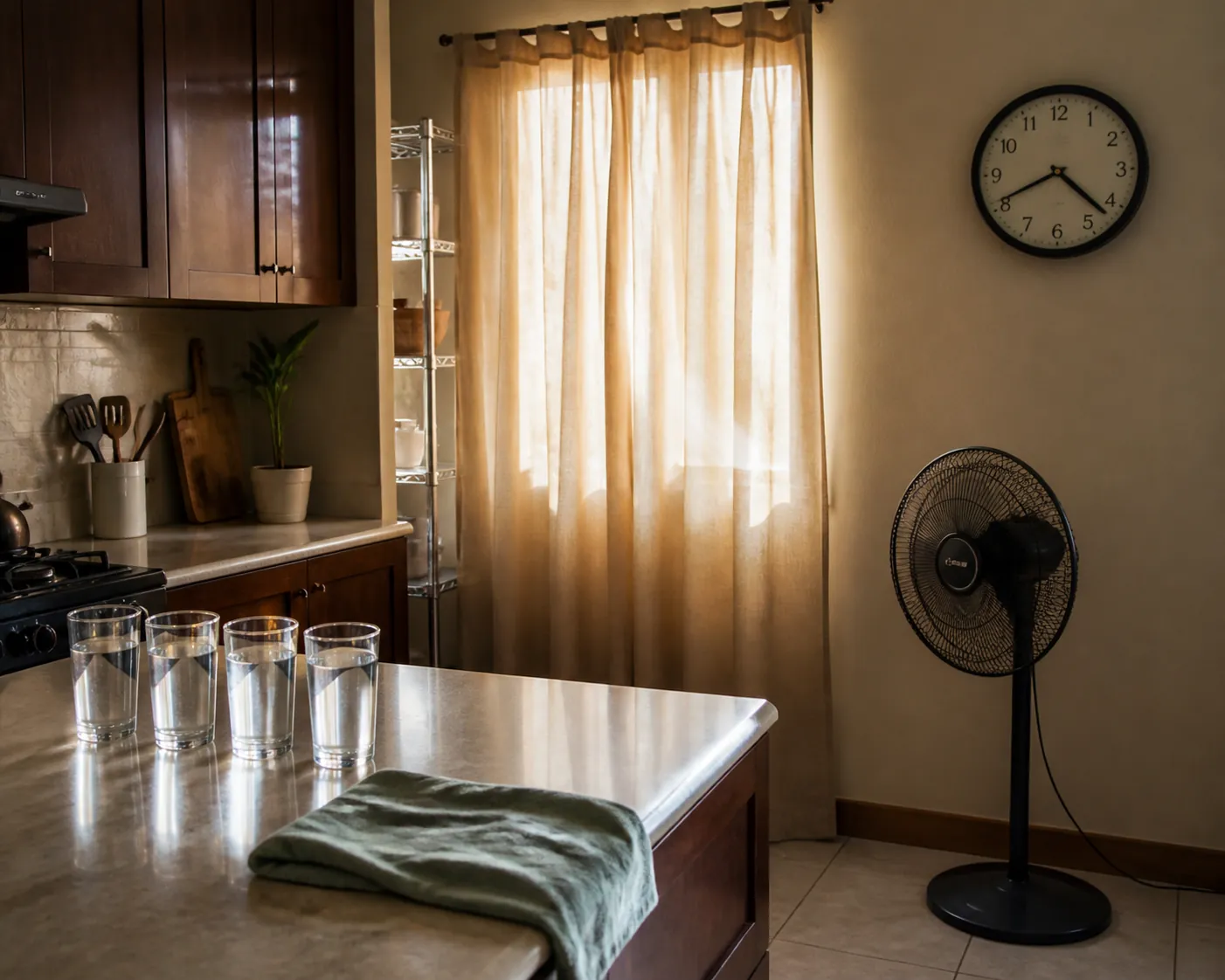 Kitchen counter prepared for a hot afternoon with filled water glasses, drawn curtains, a fan, a damp cloth, and a wall clock